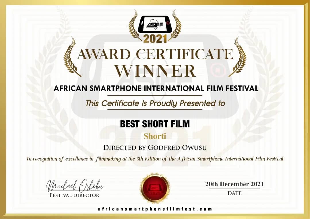 Certificate for Best Short Film from ASIFF